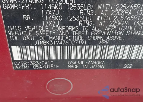 2007 Toyota Rav4 Limited V6 из США, поврежденный, VIN JTMBK31V476027191